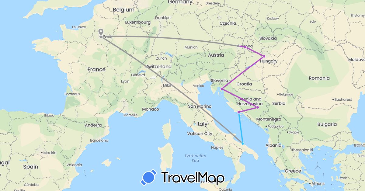 TravelMap itinerary: driving, plane, train, boat in Austria, Bosnia and Herzegovina, France, Croatia, Hungary, Italy, Slovakia (Europe)