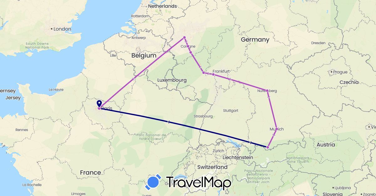 TravelMap itinerary: driving, train in Germany, France (Europe)
